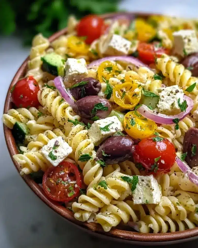 Colorful bowl of Mediterranean Greek Pasta Salad with olives, feta, and vegetables