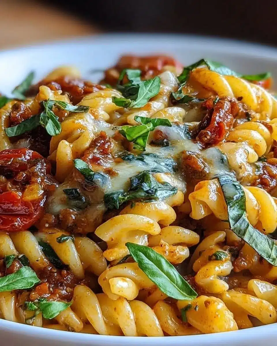 Delicious Mediterranean One-Pot Pasta topped with fresh herbs and vegetables