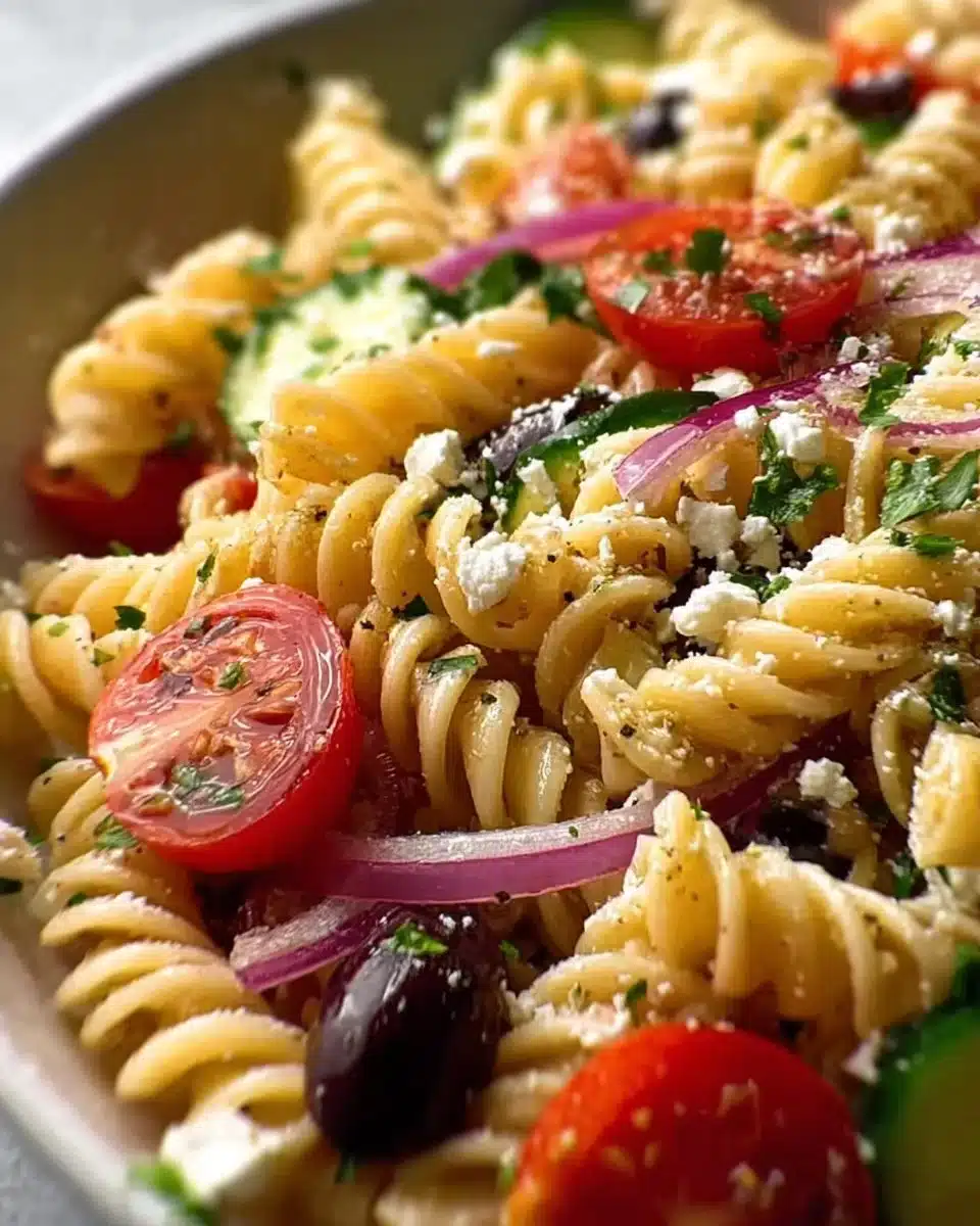 Colorful Mediterranean Pasta Salad with vegetables and dressing