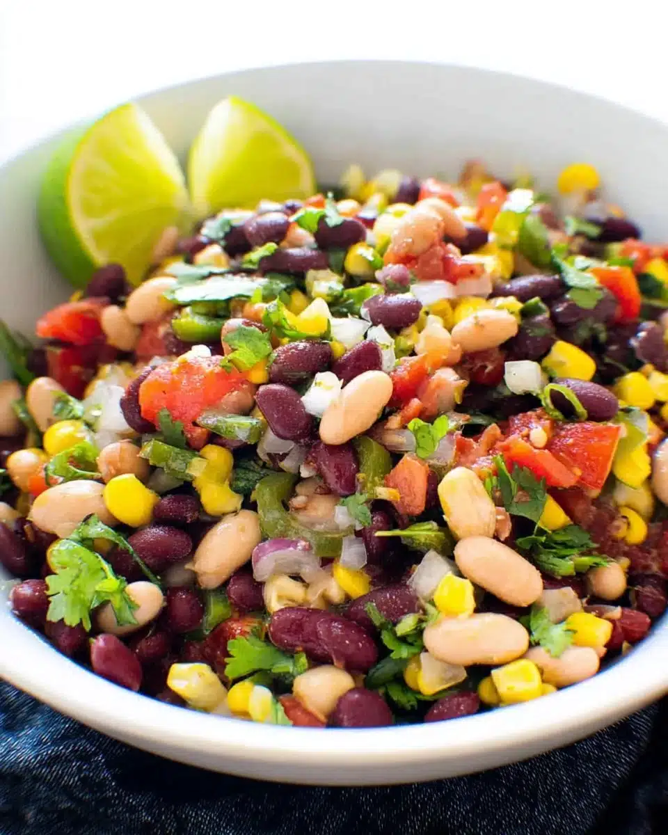 Colorful Mexican bean salad with beans, veggies, and dressing served in a bowl.