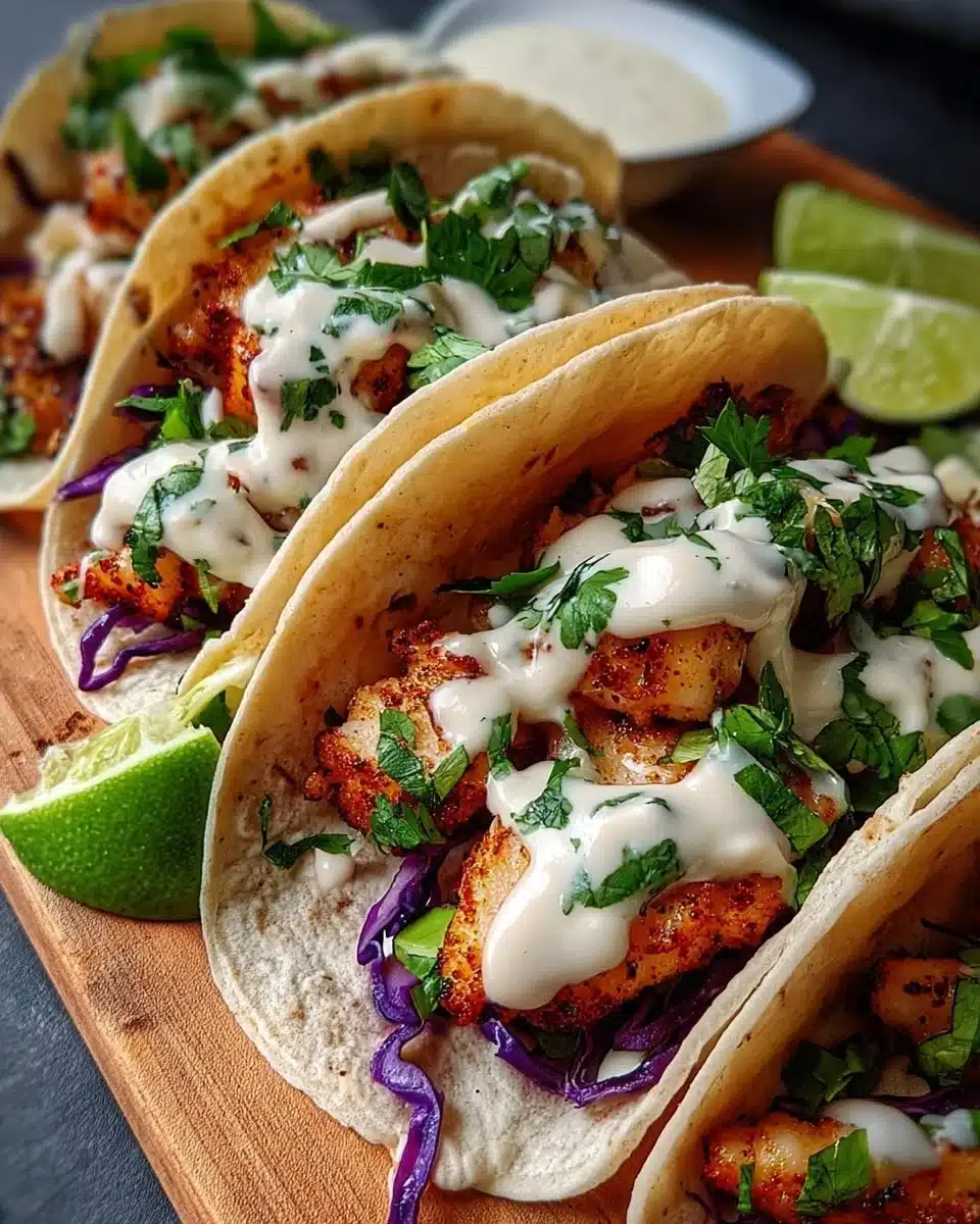 Plate of Mexican fish tacos with zesty lime cream and fresh ingredients