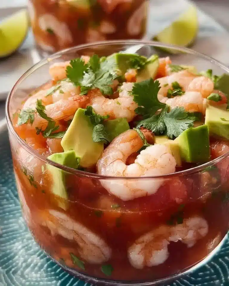 Delicious Mexican shrimp cocktail served in a glass with fresh ingredients