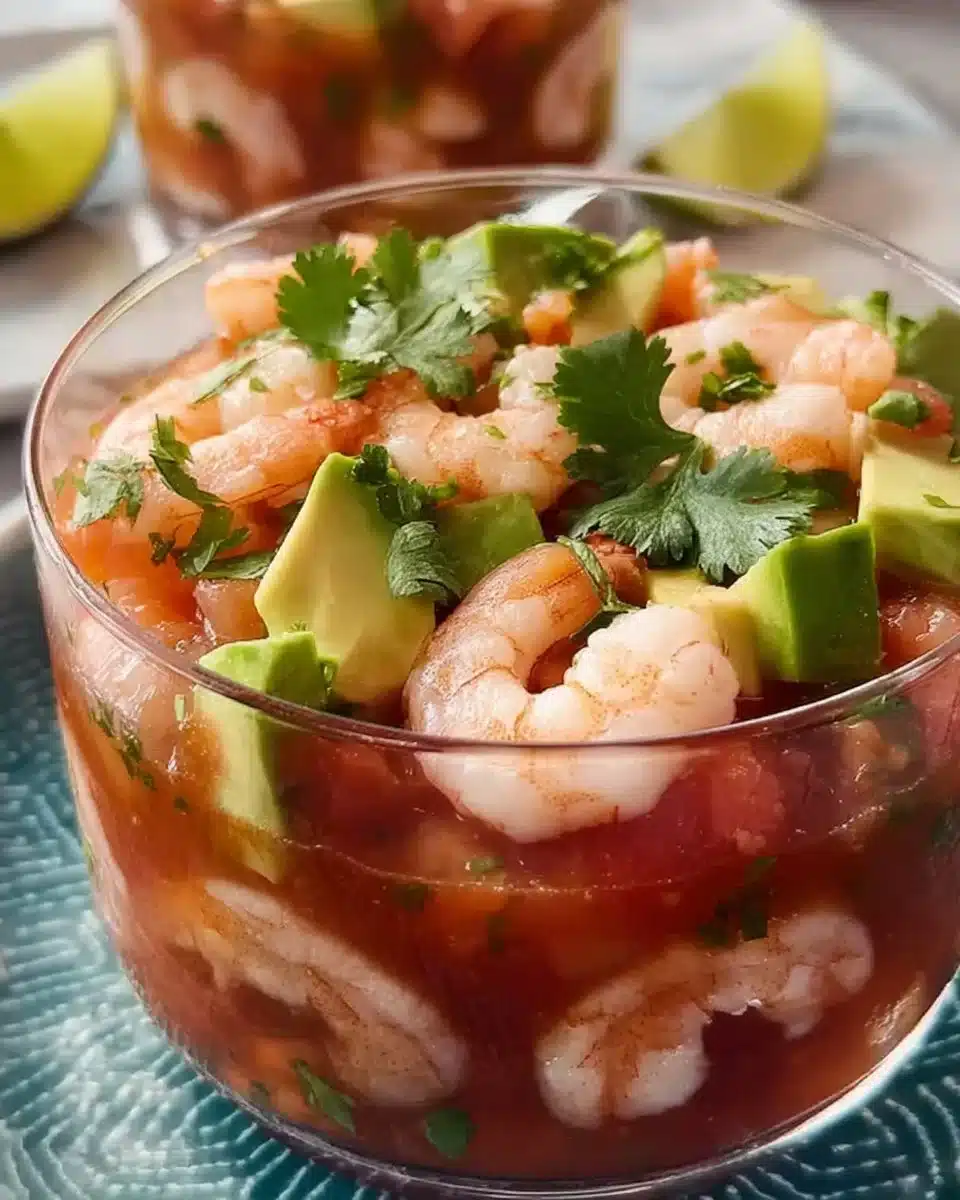 Delicious Mexican shrimp cocktail served in a glass with fresh ingredients