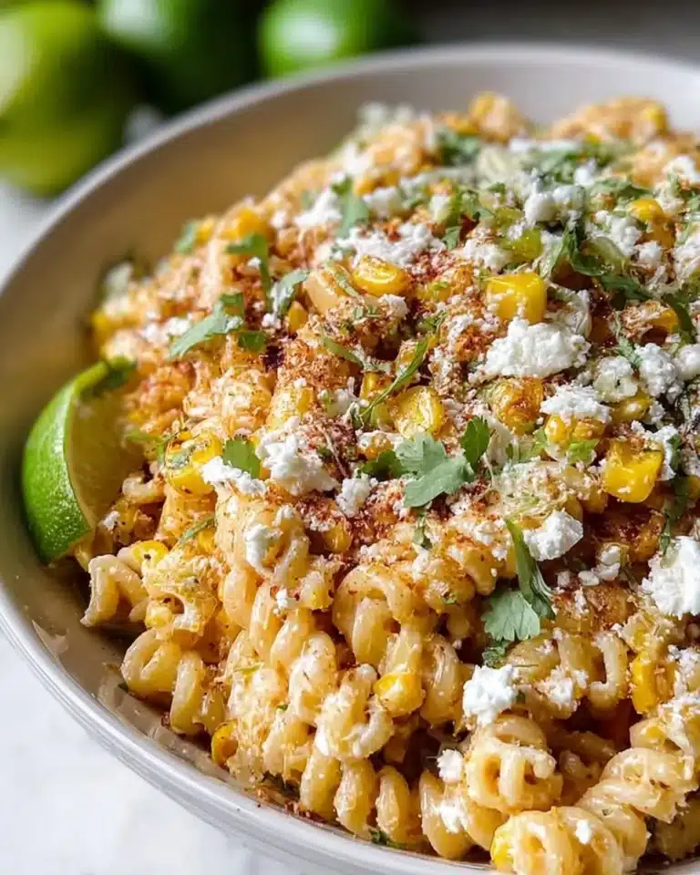 Bowl of Mexican street corn pasta salad with colorful ingredients and spices