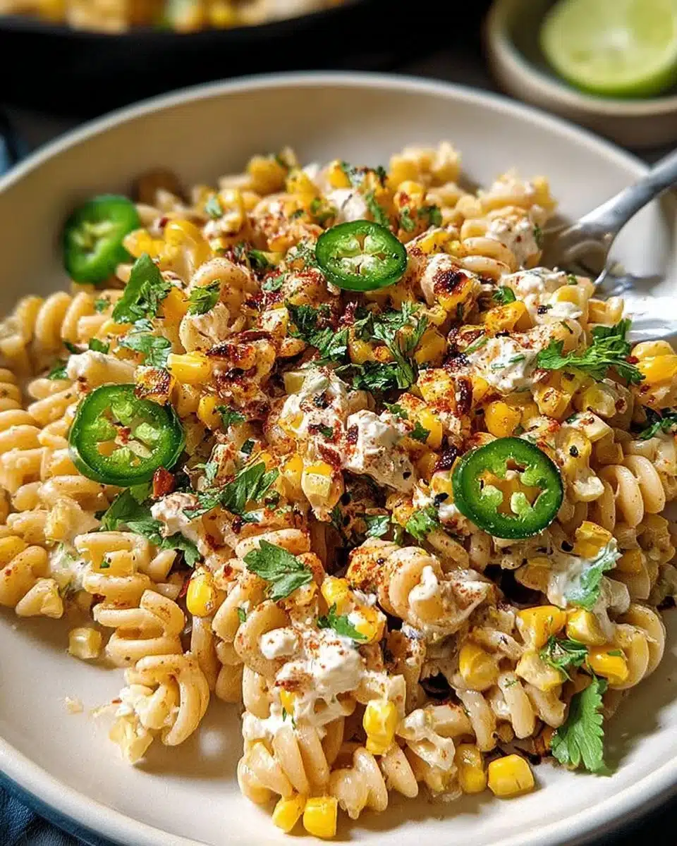 Delicious Mexican Street Corn Pasta Salad served in a bowl with fresh toppings