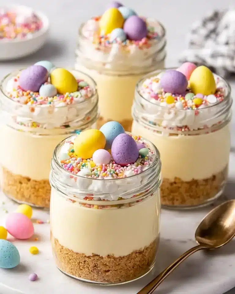 Mini Easter Cheesecake Jars with colorful toppings for a festive dessert