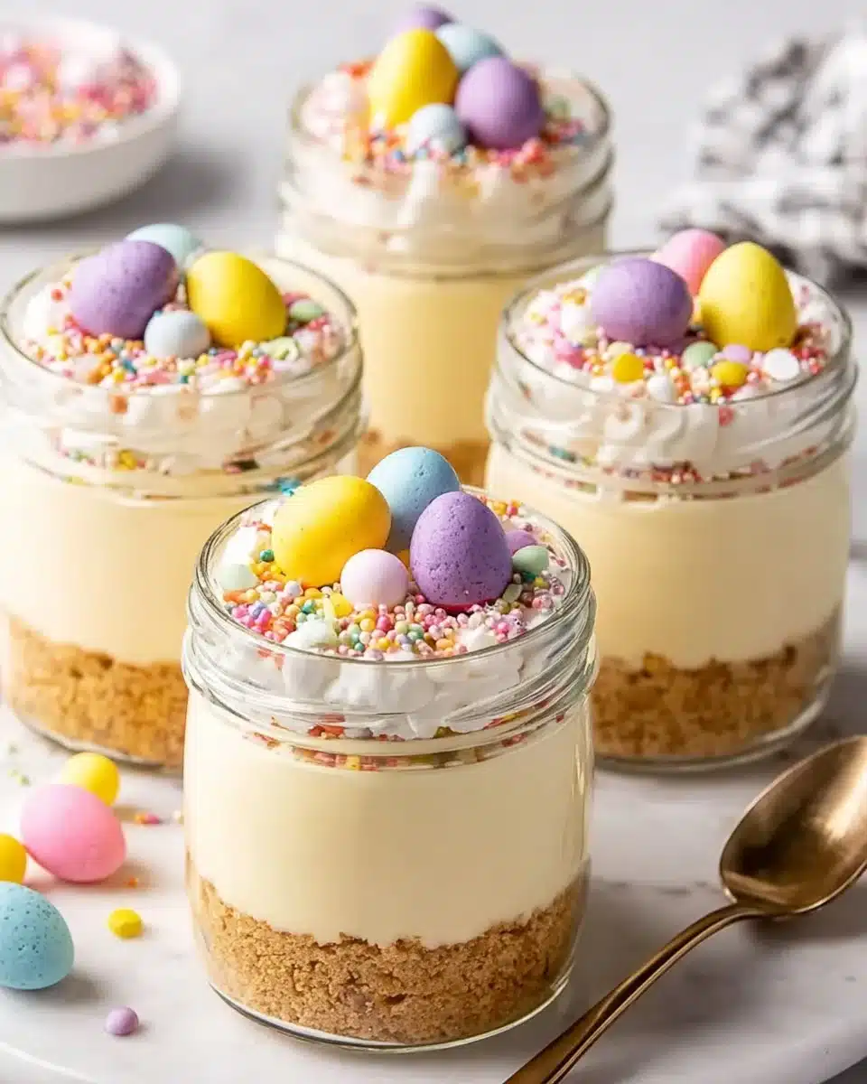 Mini Easter Cheesecake Jars with colorful toppings for a festive dessert