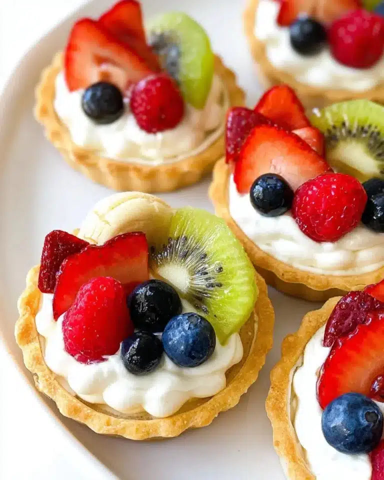 Delicious mini fruit tarts topped with fresh berries and cream.