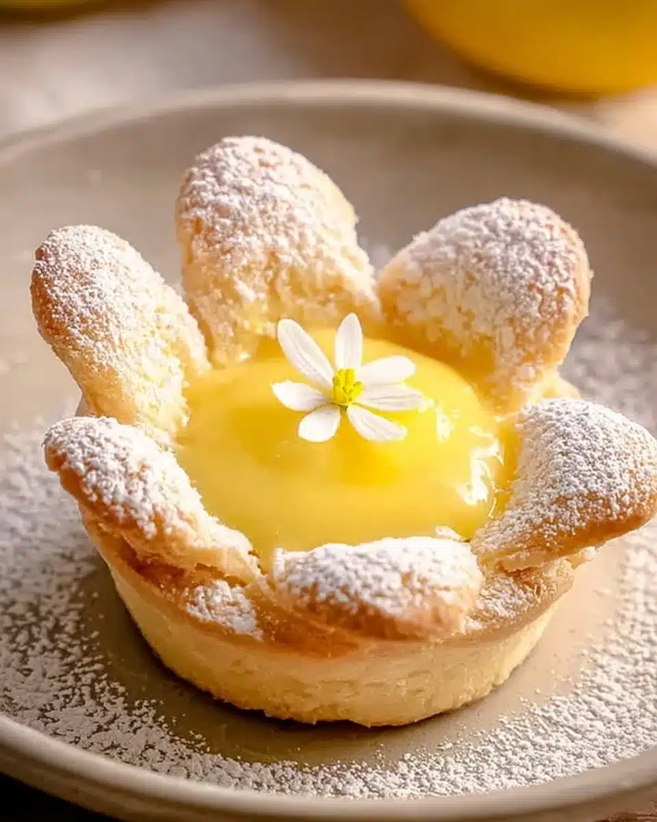Mini lemon flower tarts garnished with fresh flowers and lemon slices.