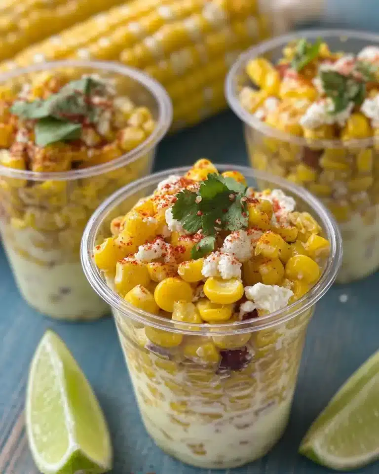Delicious Mini Street Corn Cups topped with spices and cheese