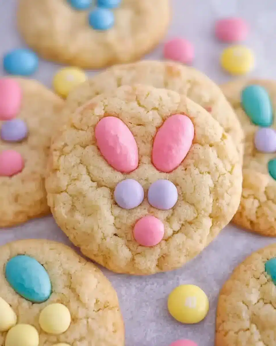 M&M Bunny Cookies decorated for Easter, featuring colorful candies on a cookie base.