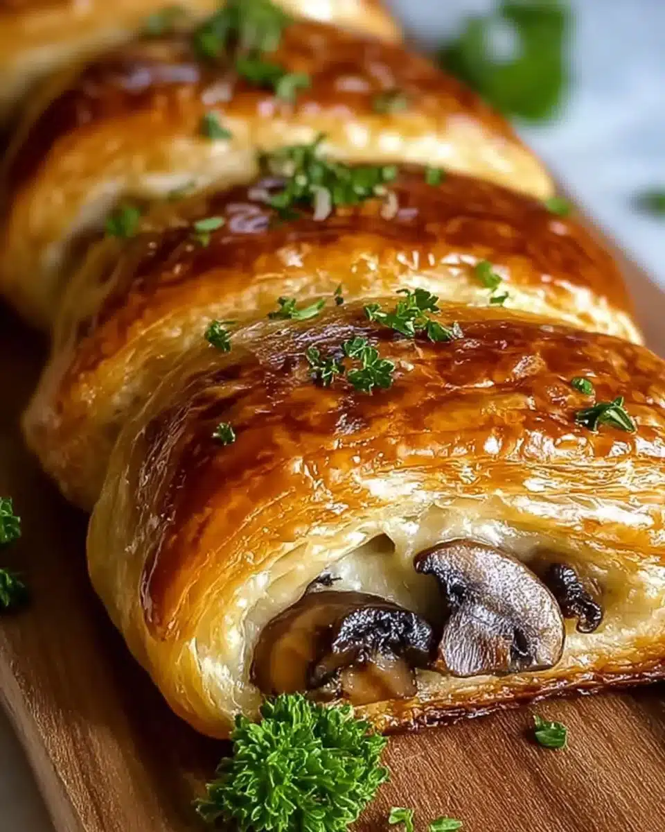 Mushroom and Gruyère puff pastry braid on a wooden table