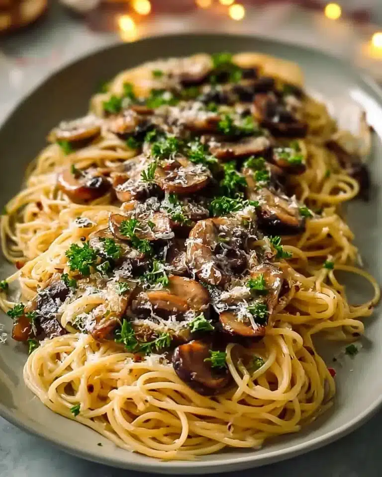 Mushroom pasta with garlic and olive oil in a bowl.
