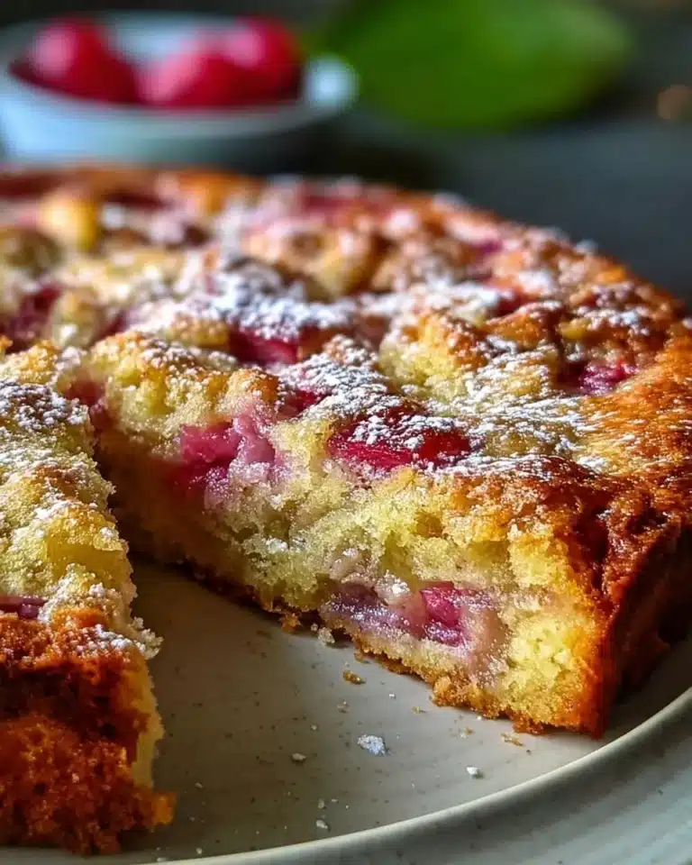 Norwegian Rhubarb Cake with fresh rhubarb and frosting on a plate