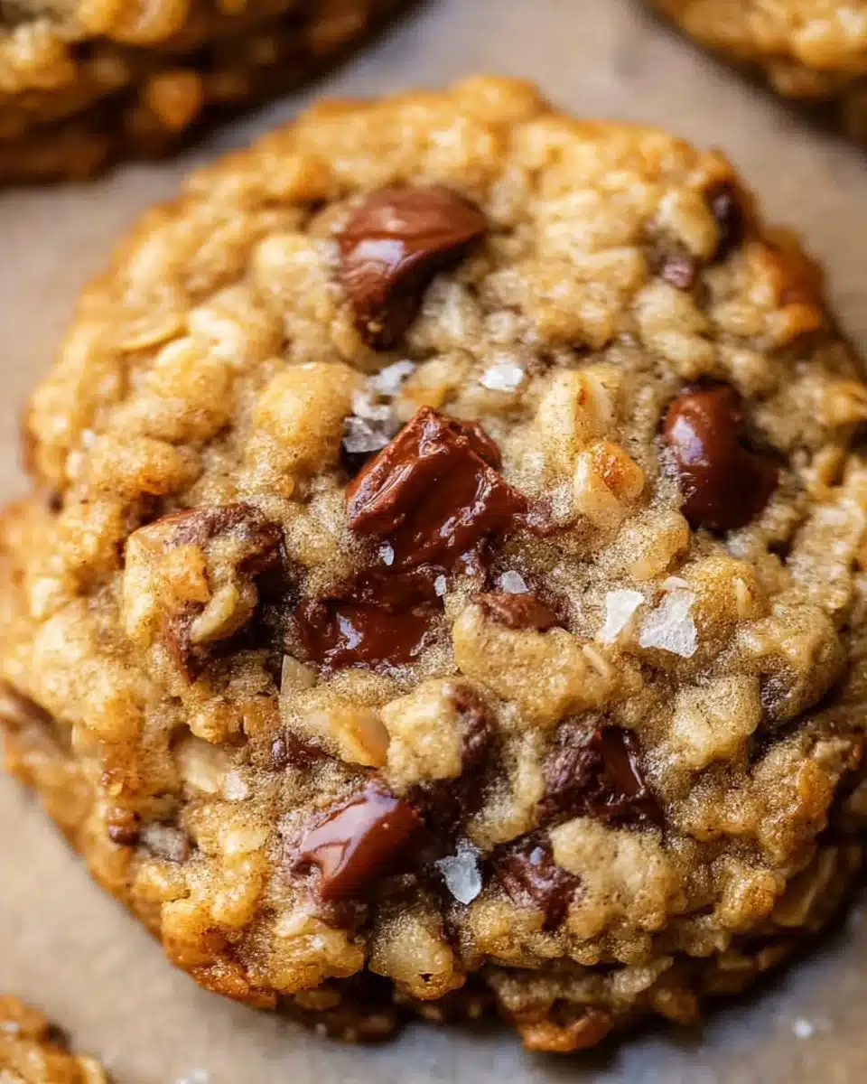 Oatmeal chocolate chip cookies fresh out of the oven on a cooling rack.