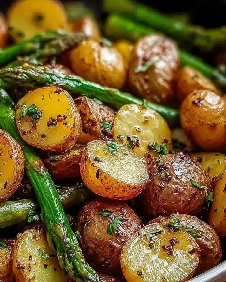 One-Pan Garlic Potatoes and Asparagus recipe with fresh herbs and seasoning