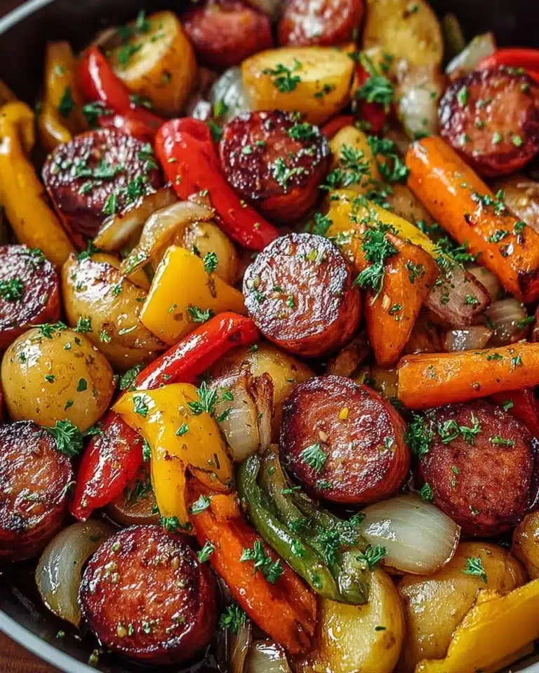 One-Pan Honey Garlic Kielbasa with colorful vegetables