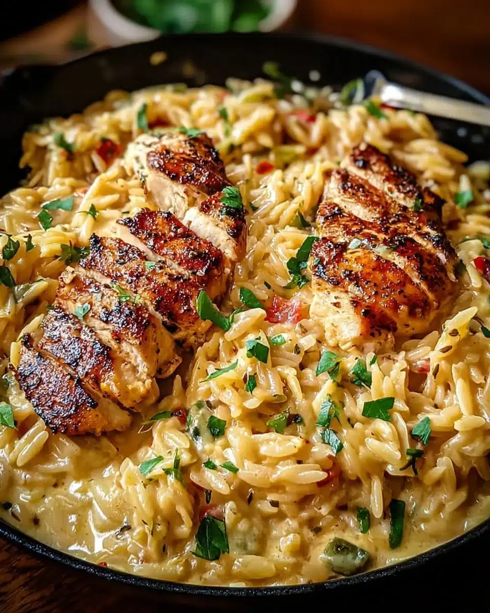 One-pot Cajun Chicken Alfredo Orzo dish served in a white bowl
