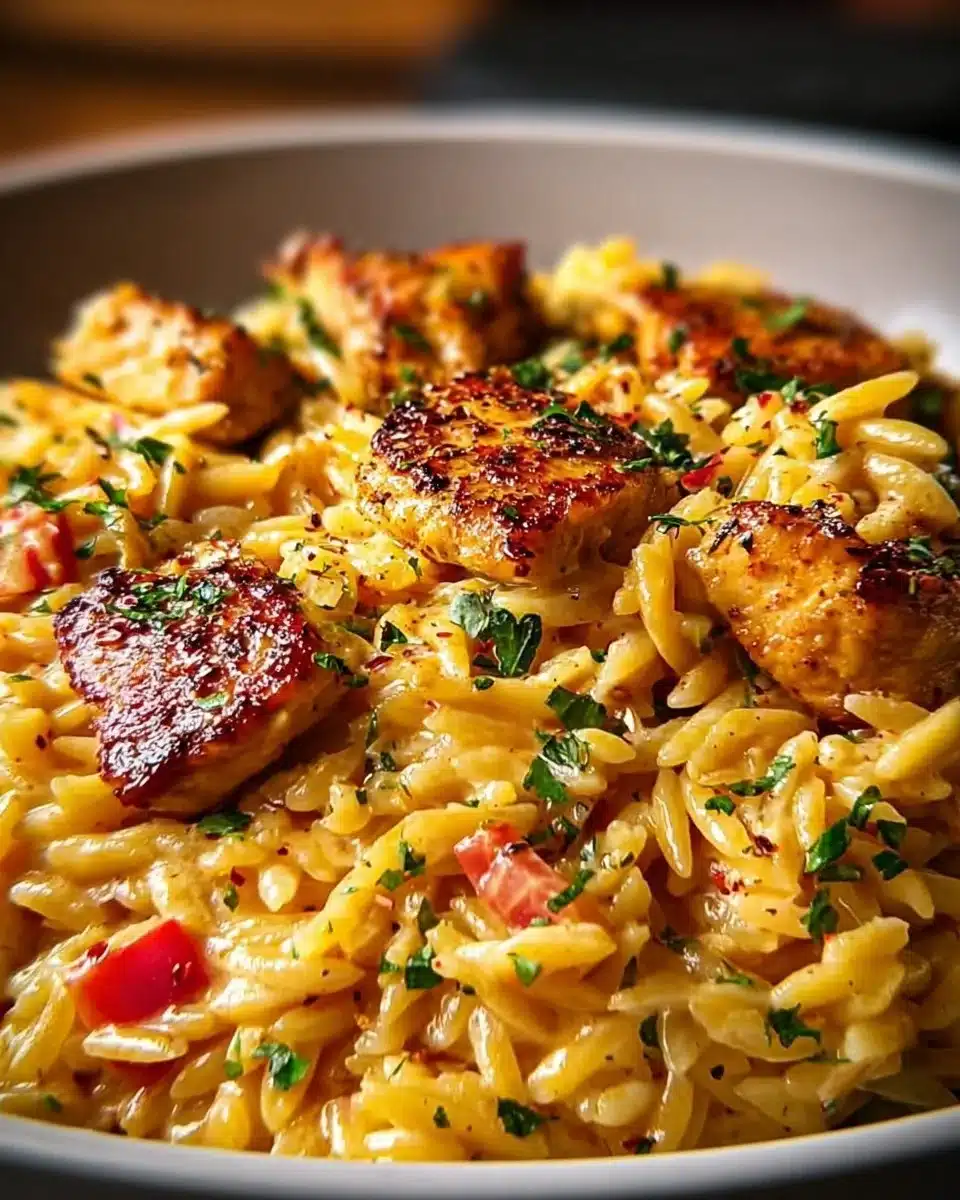 One Pot Cajun Chicken Alfredo Orzo with creamy sauce and spices