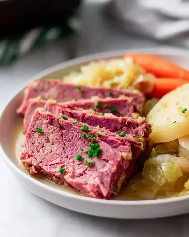 One Pot Corned Beef and Cabbage in a savory broth with vegetables