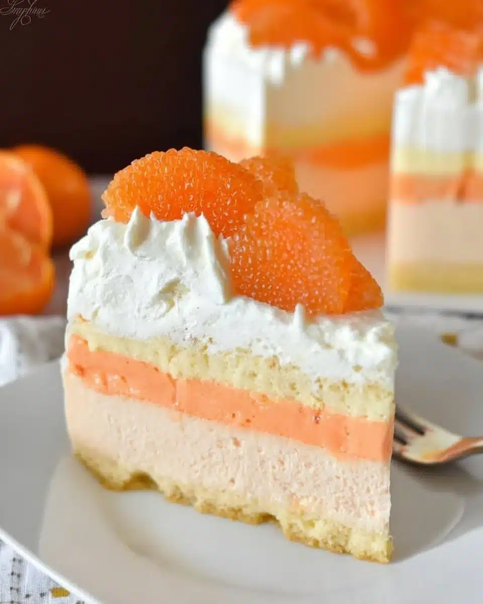 Orange Creamsicle Ice Cream Cake topped with orange slices and whipped cream