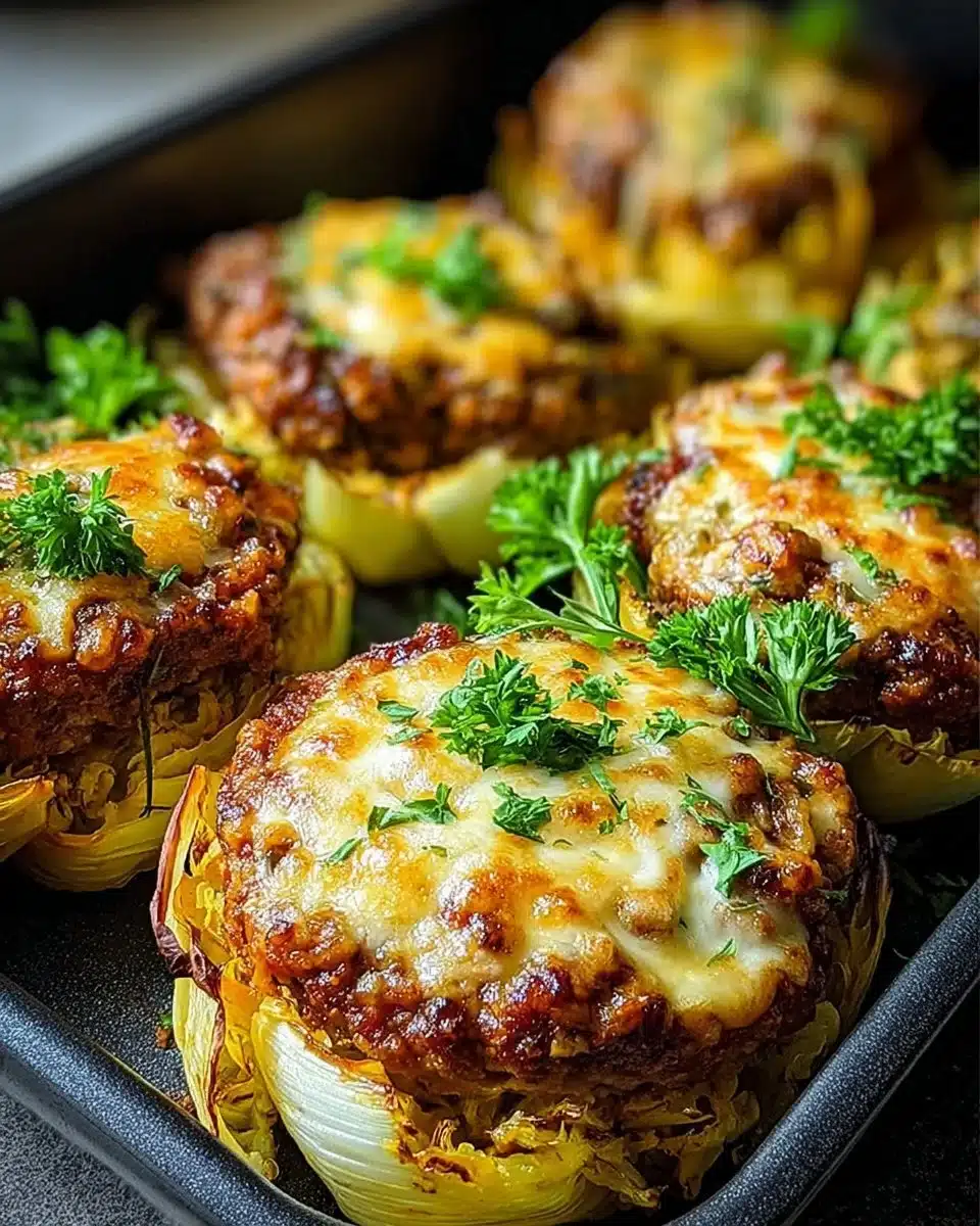 Oven-baked cabbage burgers served on a plate with fresh toppings.