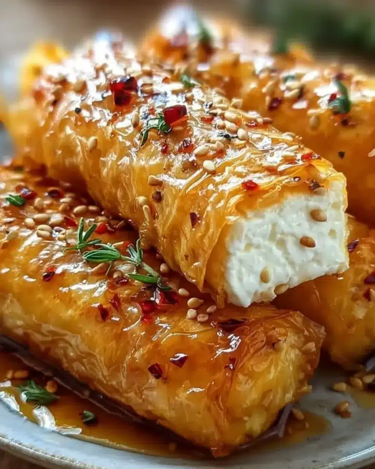 Oven fried feta rolls with chili honey served on a plate
