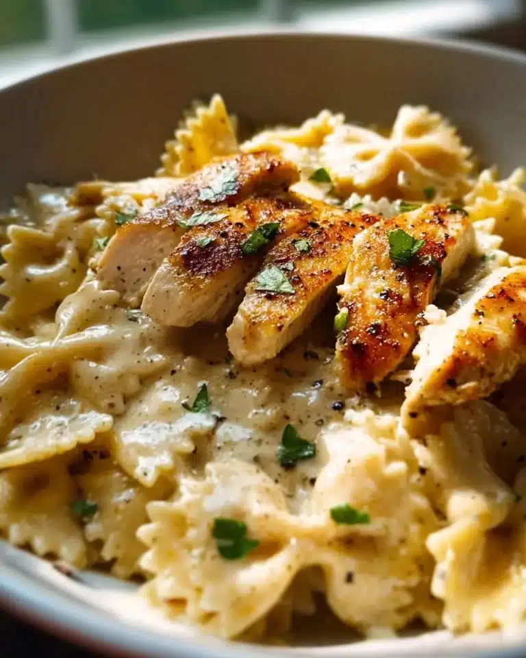 Delicious Parmesan Chicken Pasta garnished with parsley and Parmesan cheese