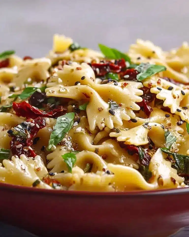 Delicious Pasta Salad with Basil and Sundried Tomatoes served in a bowl