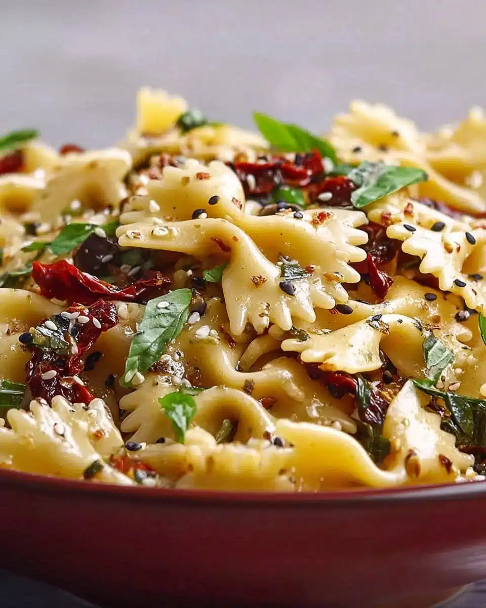 Delicious Pasta Salad with Basil and Sundried Tomatoes served in a bowl