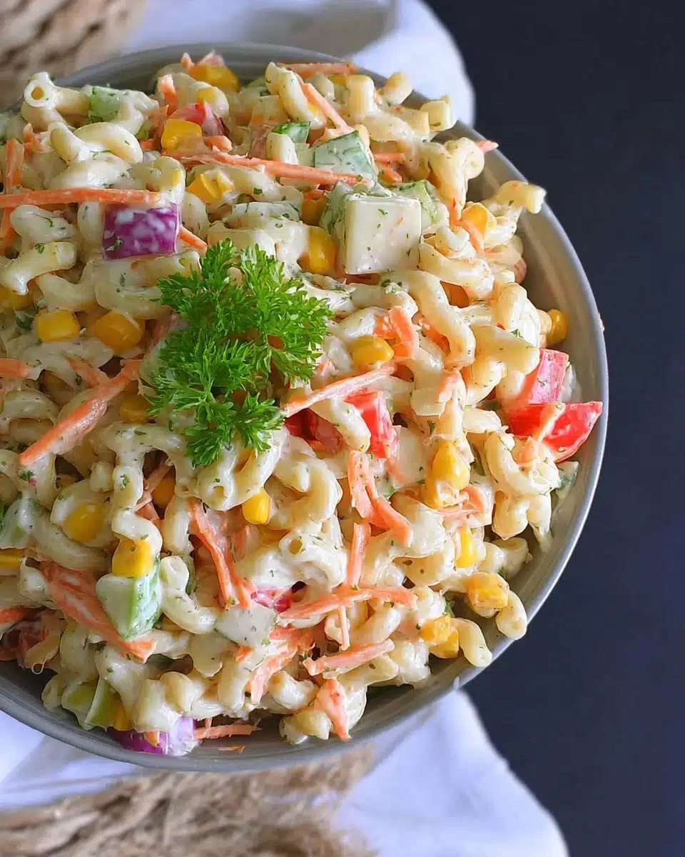 Pasta Salad featuring colorful ingredients and creamy coleslaw dressing