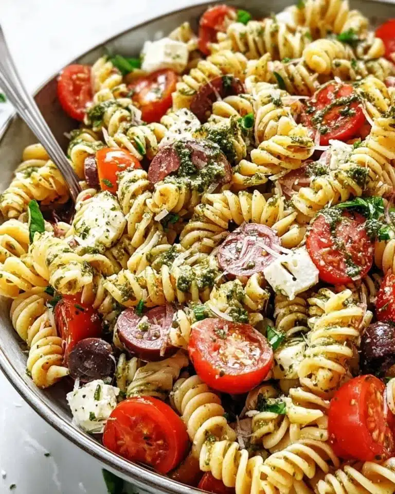 Colorful pasta salad tossed with Italian dressing and fresh vegetables.