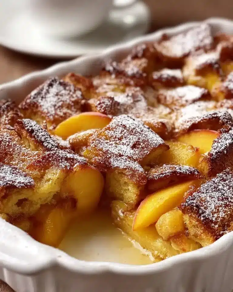 Delicious Peach French Toast Casserole topped with fresh peaches and syrup