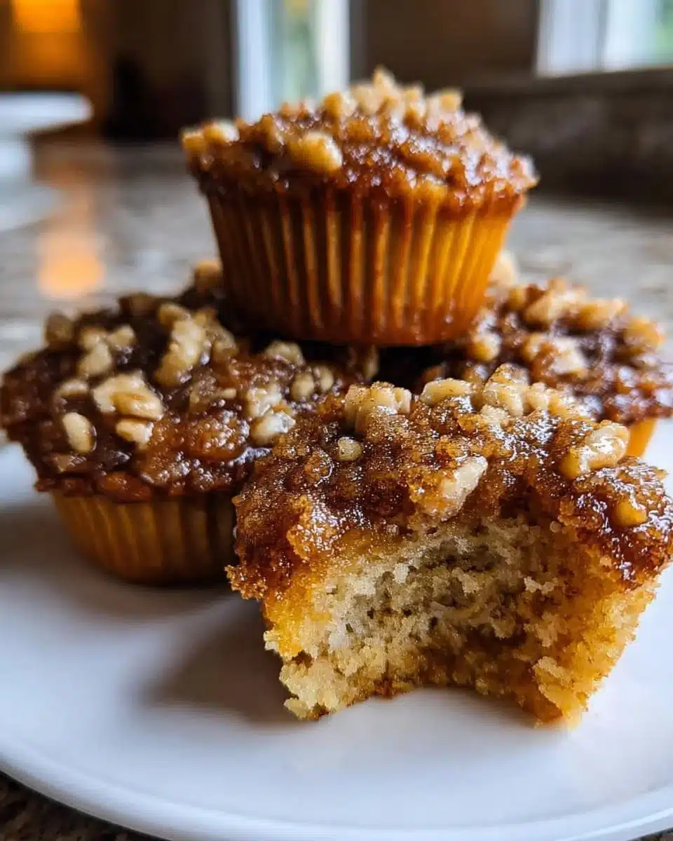 Delicious pecan pie muffins with brown sugar topping on a rustic wooden table