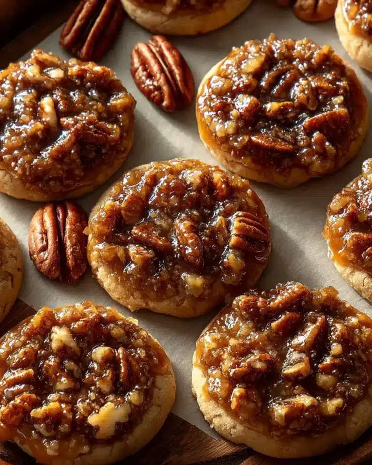 Freshly baked pecan pie cookies with nuts and caramel drizzle on a plate