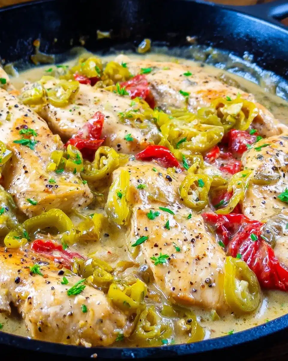 Delicious Pepperoncini Chicken Skillet served with fresh herbs and spices