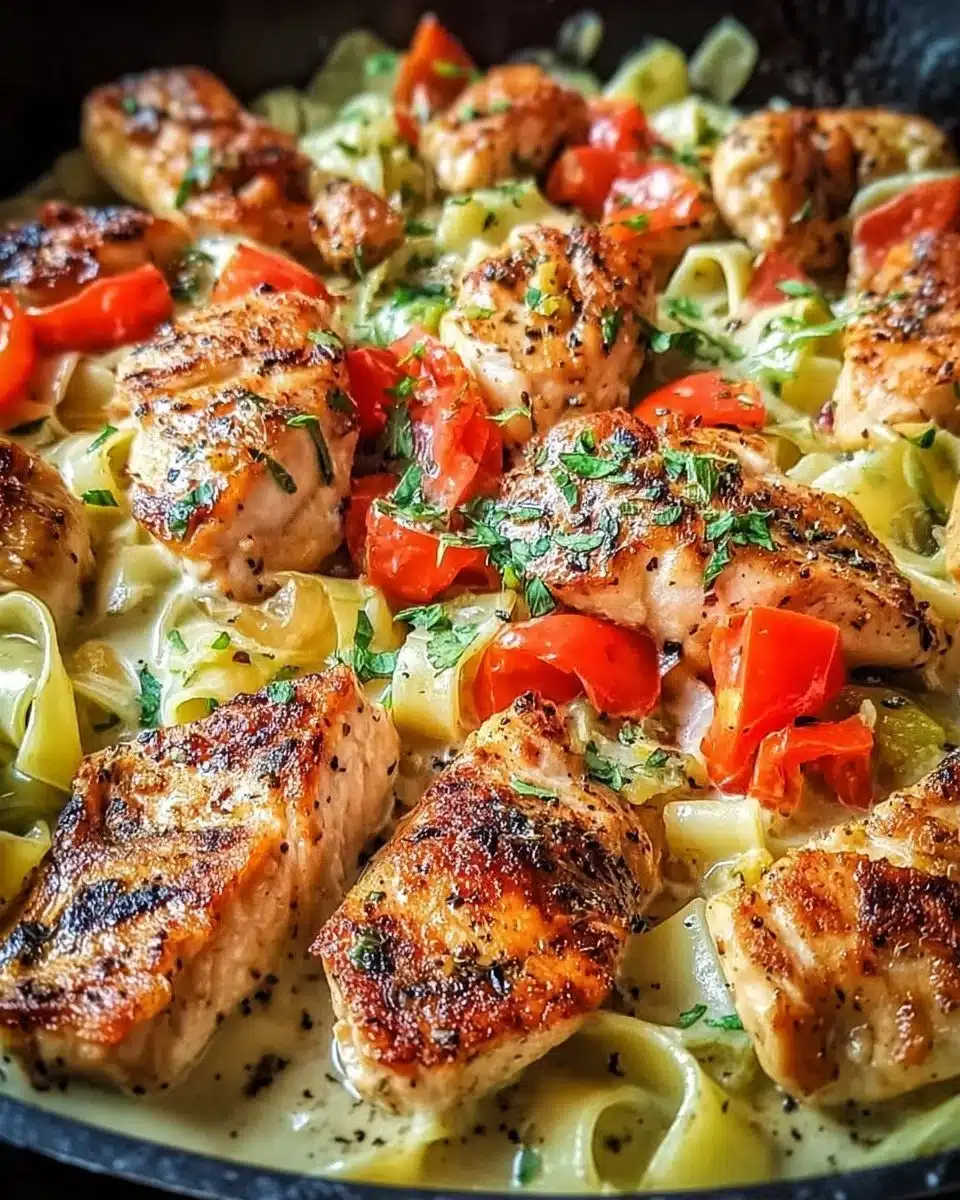 Pepperoncini Chicken Skillet served with herbs and spices in a cast iron pan.