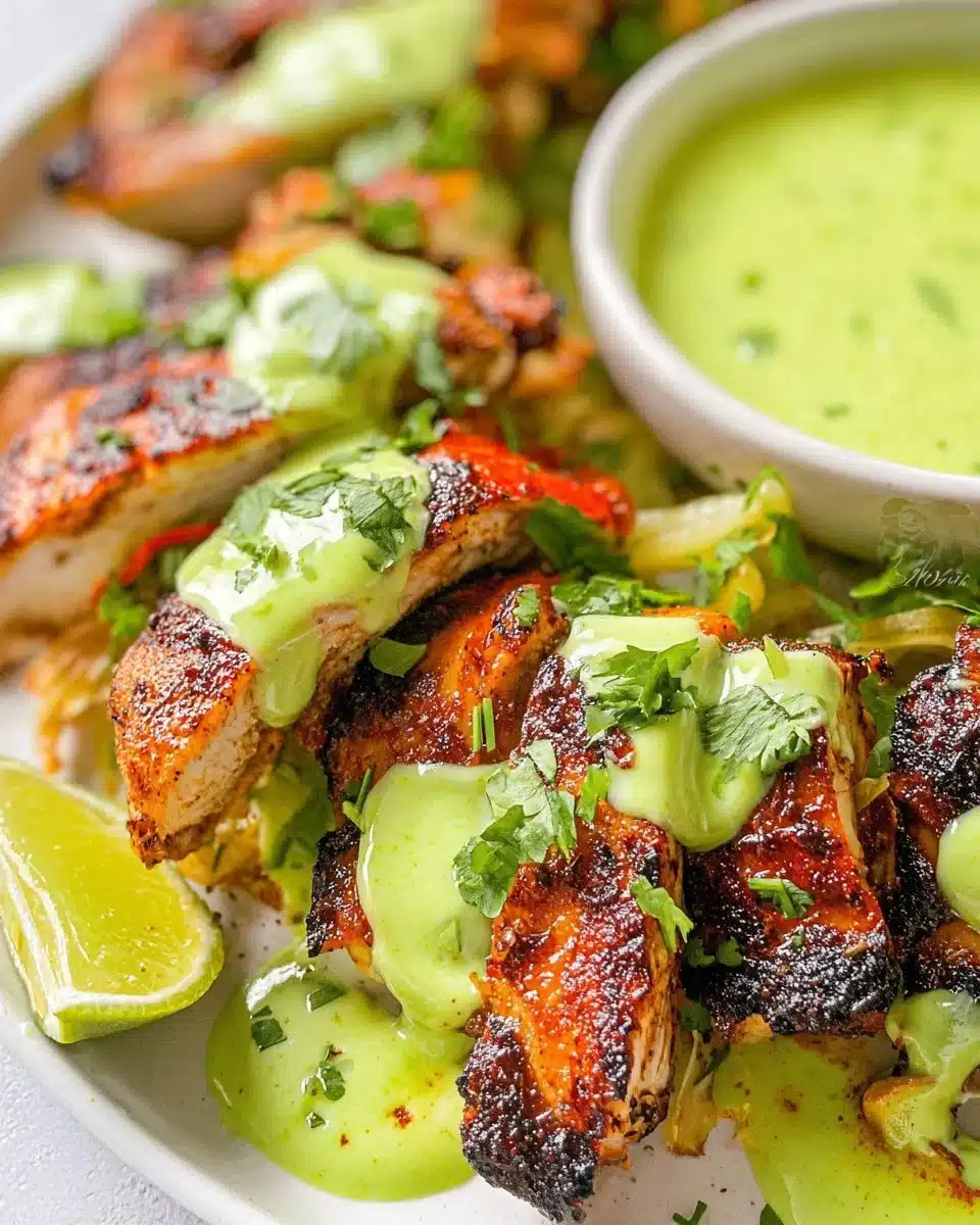 Delicious plate of Peruvian chicken served with vibrant green sauce