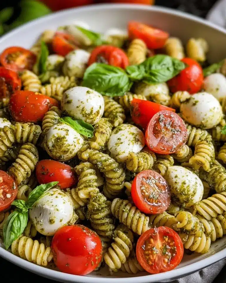 Delicious Pesto Caprese Pasta Salad with tomatoes, mozzarella, and pesto dressing