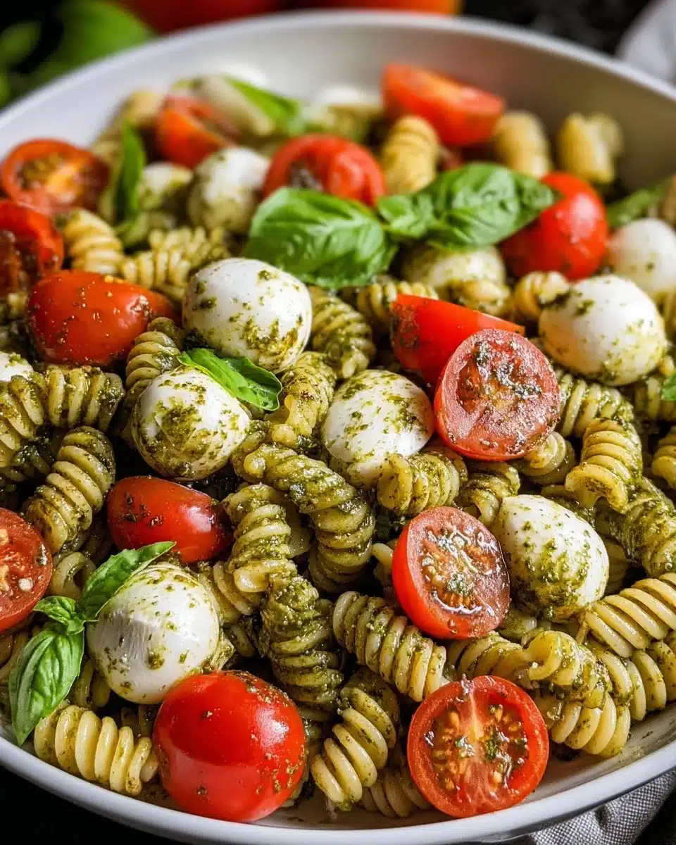 Delicious Pesto Caprese Pasta Salad with tomatoes, mozzarella, and pesto dressing