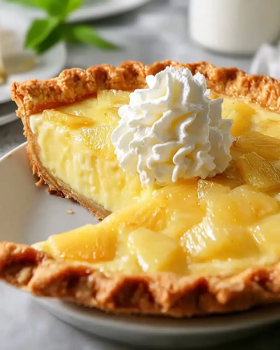 Delicious slice of pineapple pie topped with whipped cream and fresh pineapple.