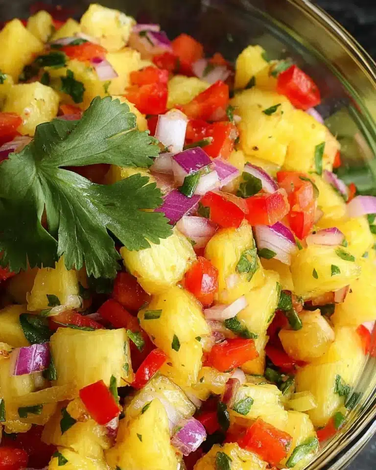 Bowl of vibrant and fresh pineapple salsa with diced fruits and herbs