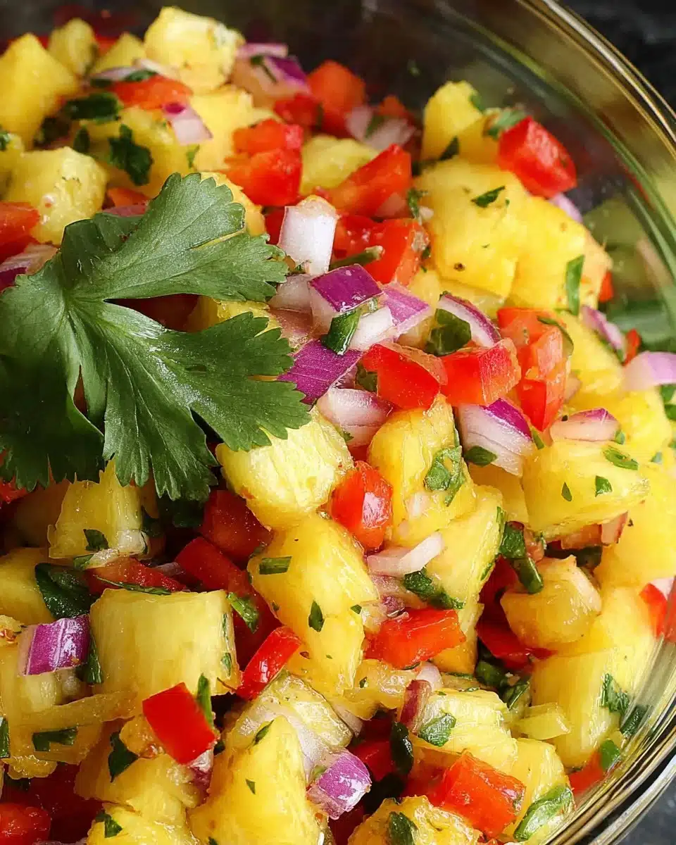Bowl of vibrant and fresh pineapple salsa with diced fruits and herbs