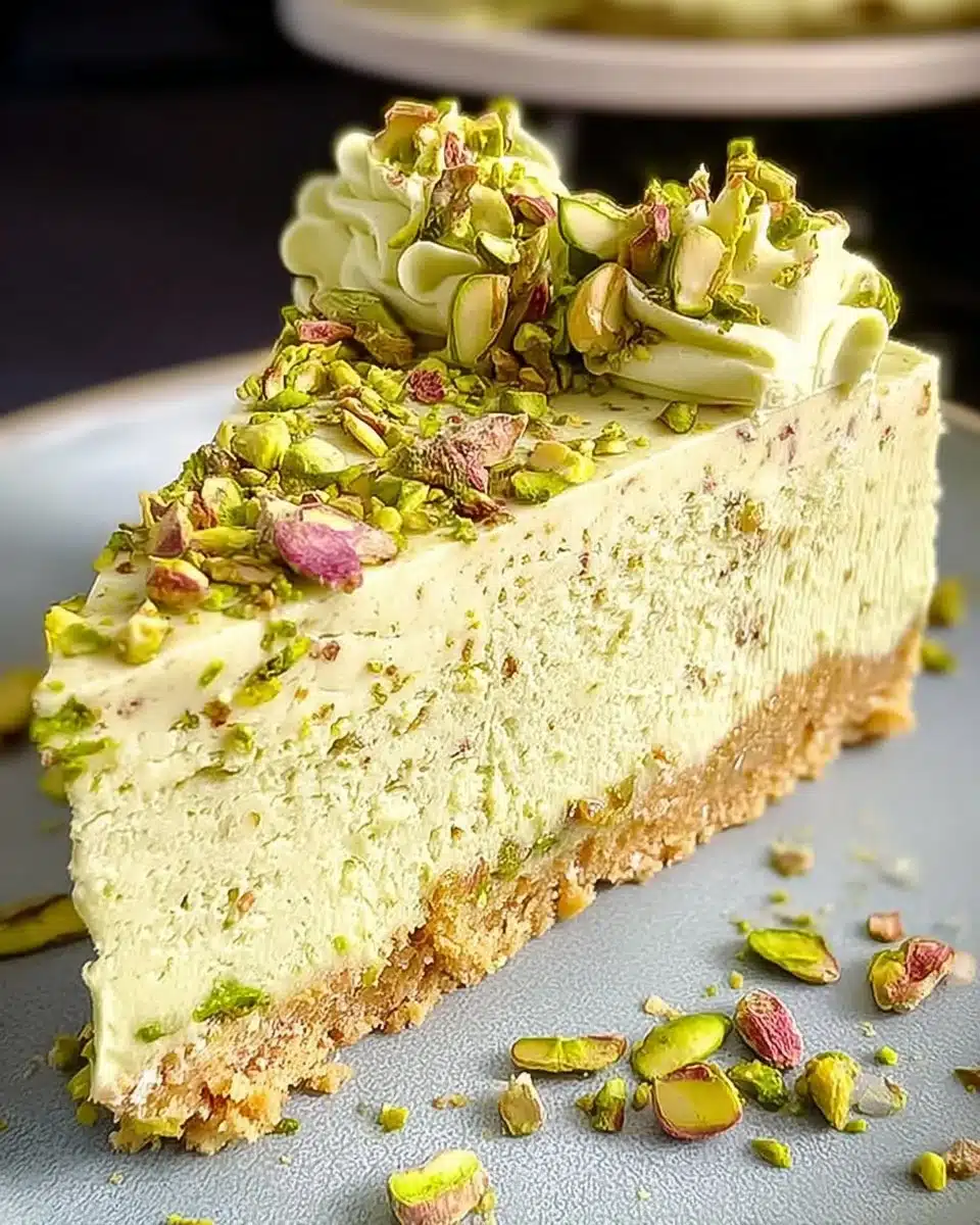 Delicious homemade Pistachio Cheesecake topped with crushed pistachios.