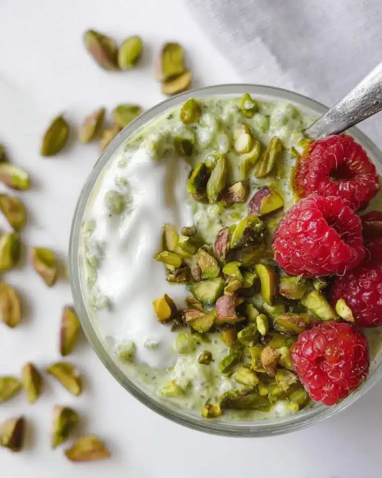 Bowl of creamy pistachio overnight oats topped with nuts and fresh fruit