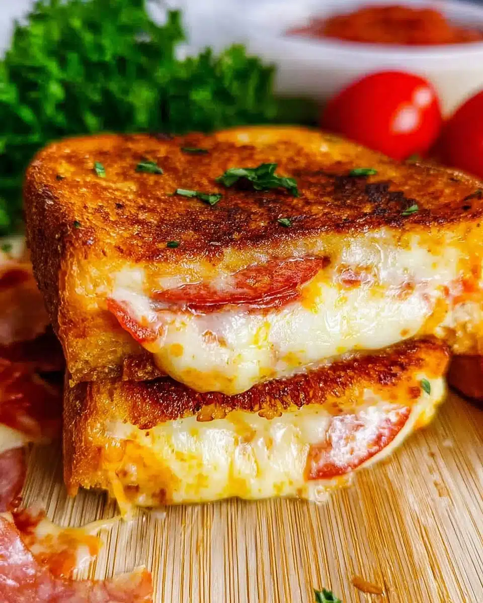 Delicious Pizza Grilled Cheese sandwich with melted cheese and pizza toppings