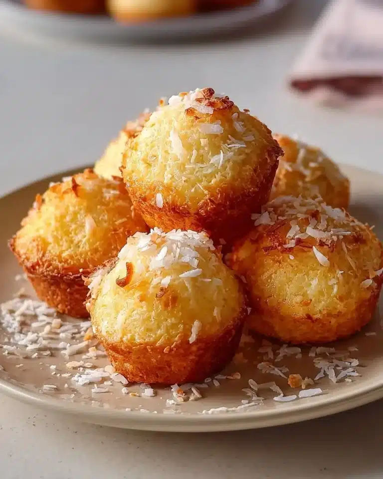 Delicious Portuguese coconut cakes topped with shredded coconut and served on a plate.