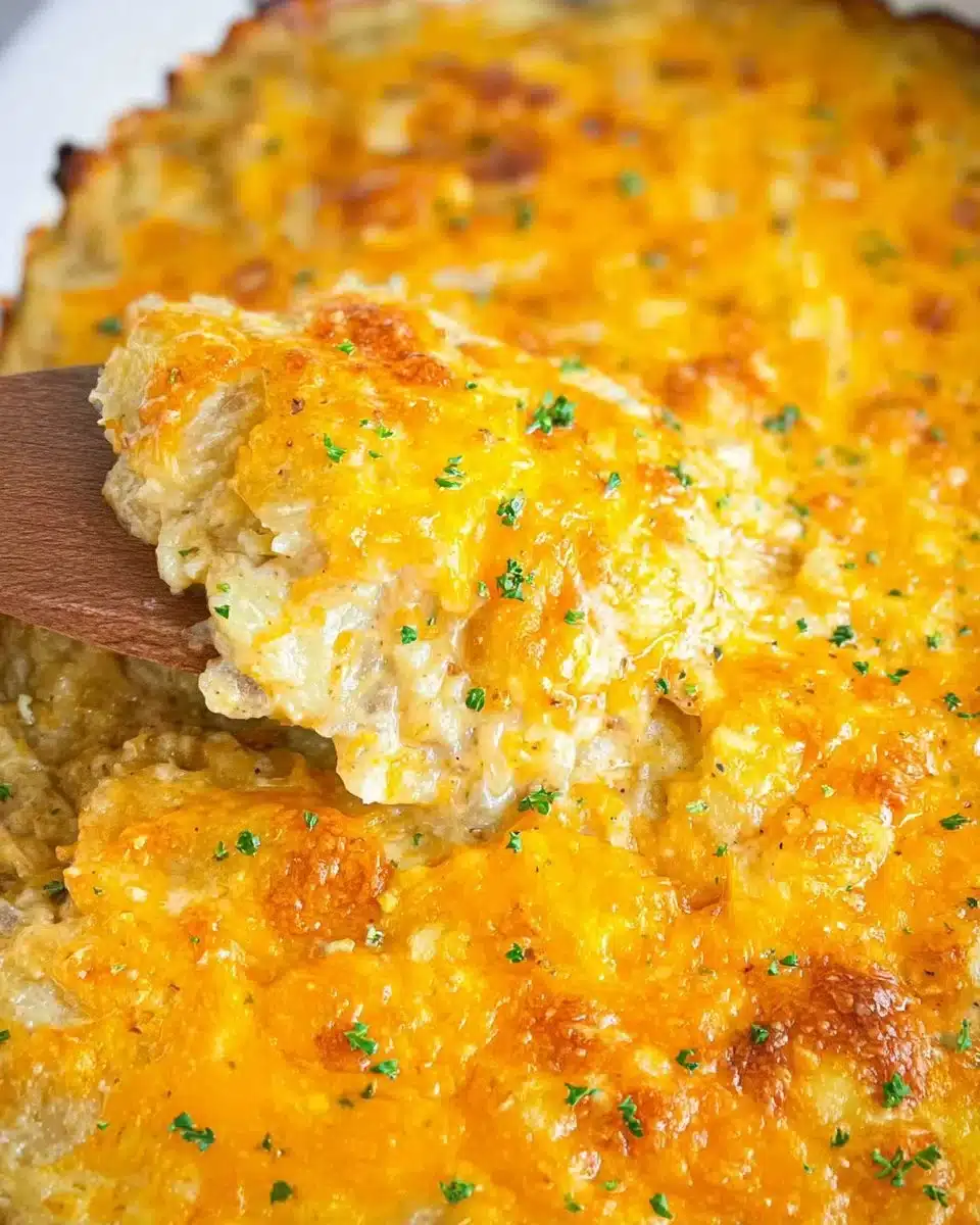 Delicious Potatoes Romanoff topped with cheese and herbs, served in a dish.