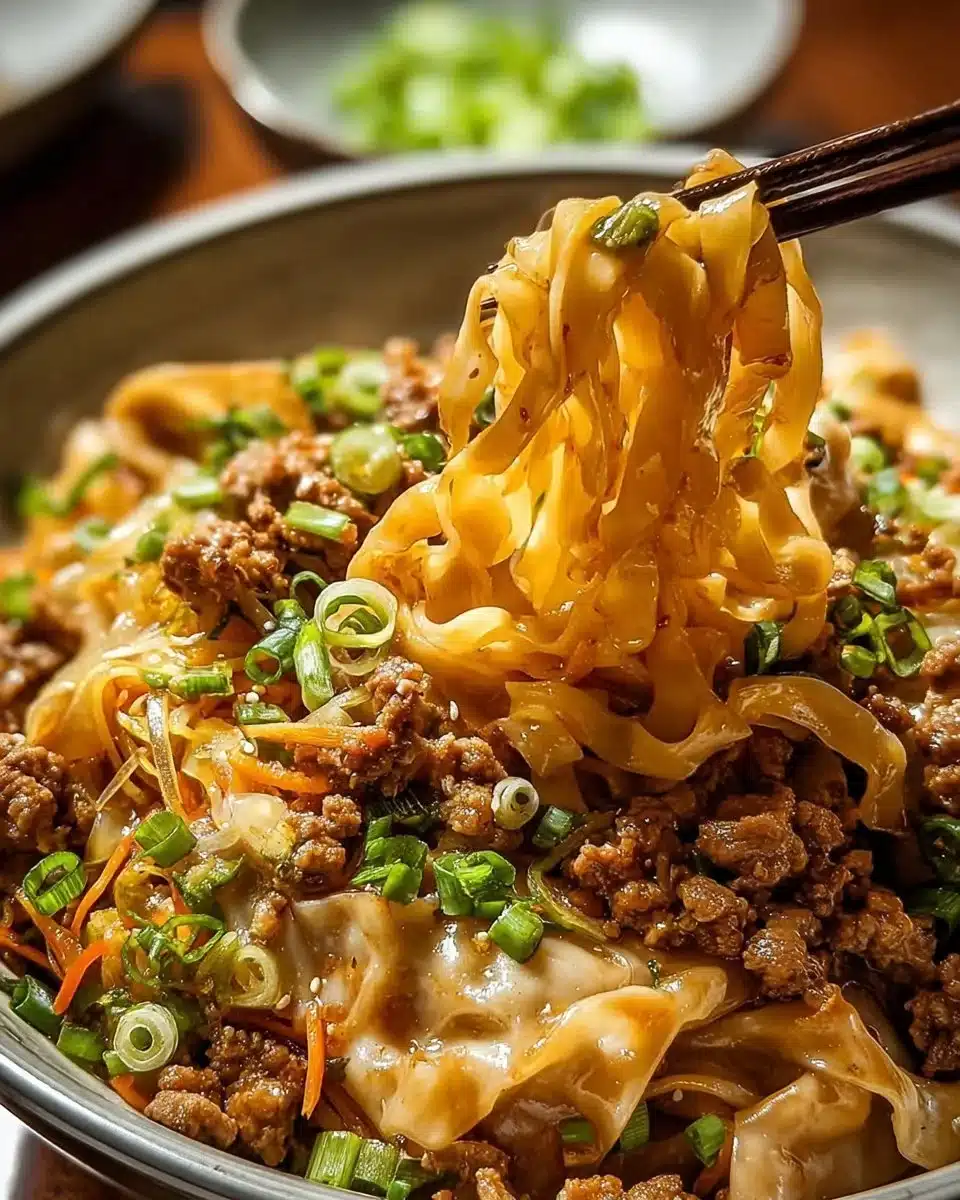 Delicious potsticker noodle bowl garnished with fresh ingredients