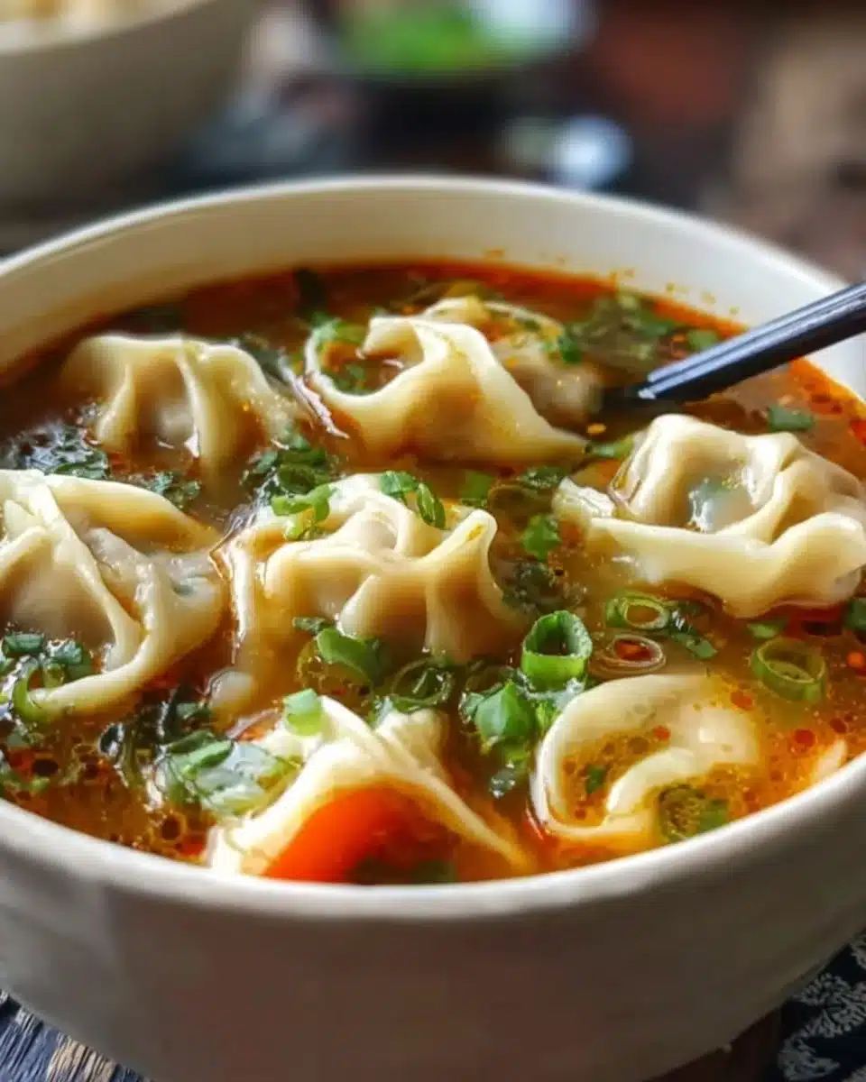Bowl of homemade Potsticker Soup with dumplings and garnish
